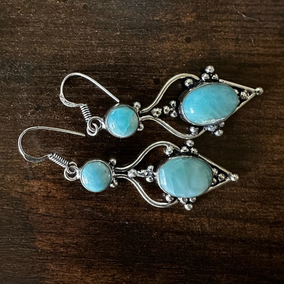 Boho Larimar and Silver Earrings - Picture 2 of 3